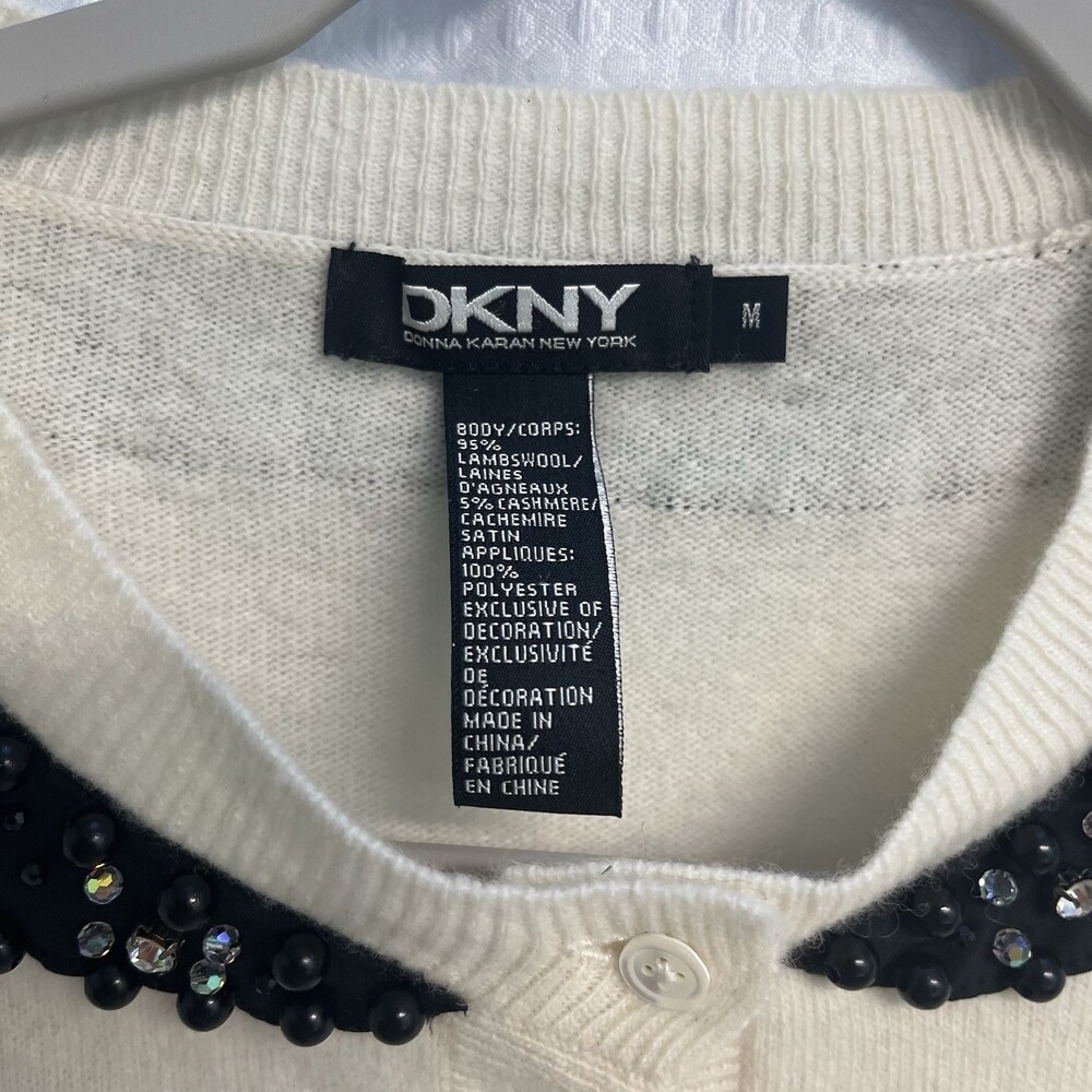 DKNY Wool Cashmere Blend Ivory Cardigan W/ Black Bead Rhinestone Collar Trim - Picture 3 of 9